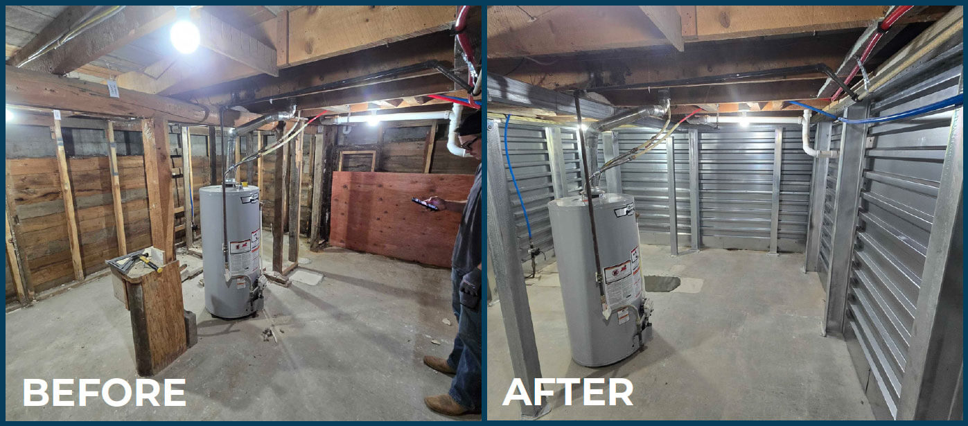 Basement wall before and after steel reinforcement