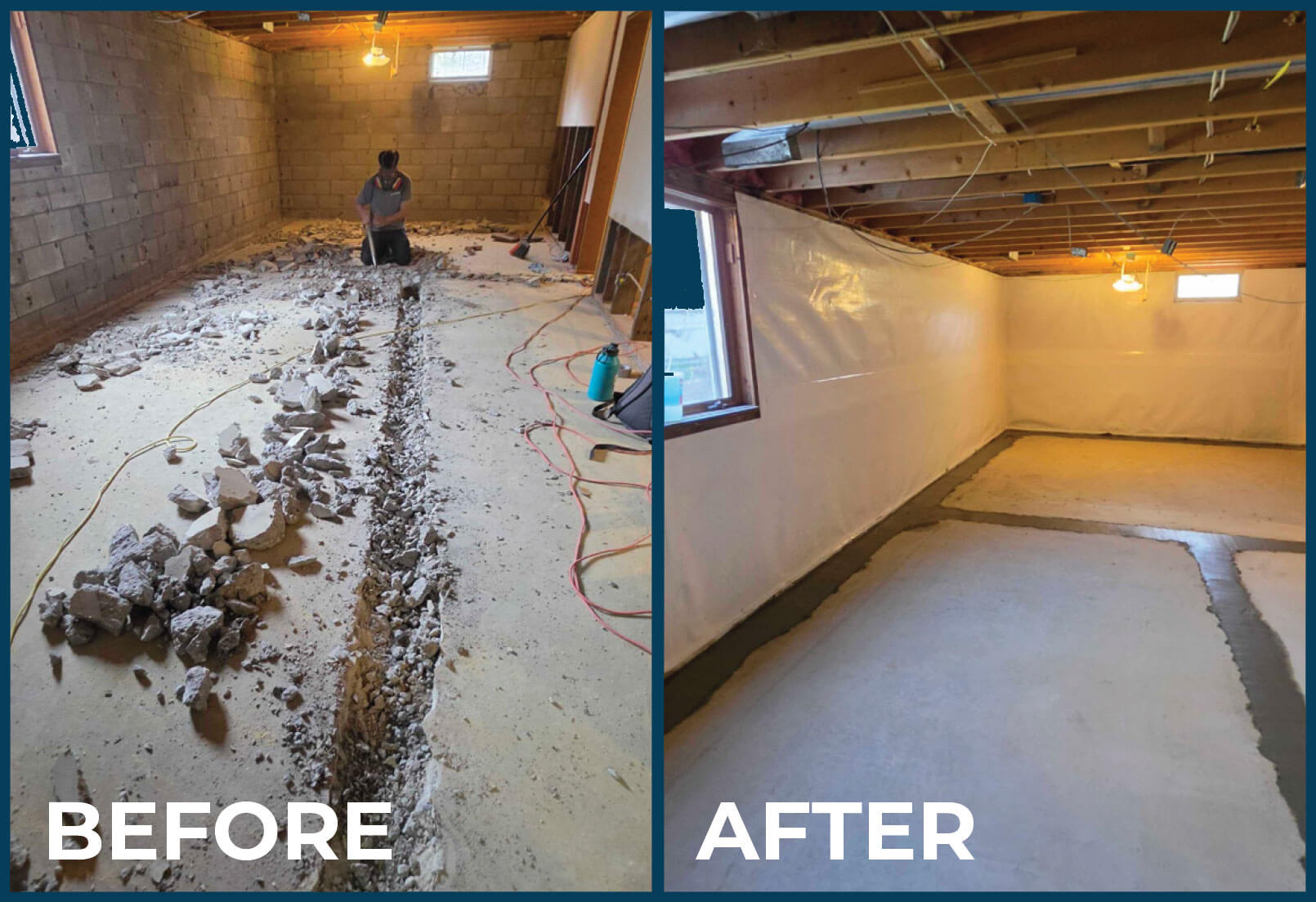 Basement floor before and after trench repair and vapor barrier